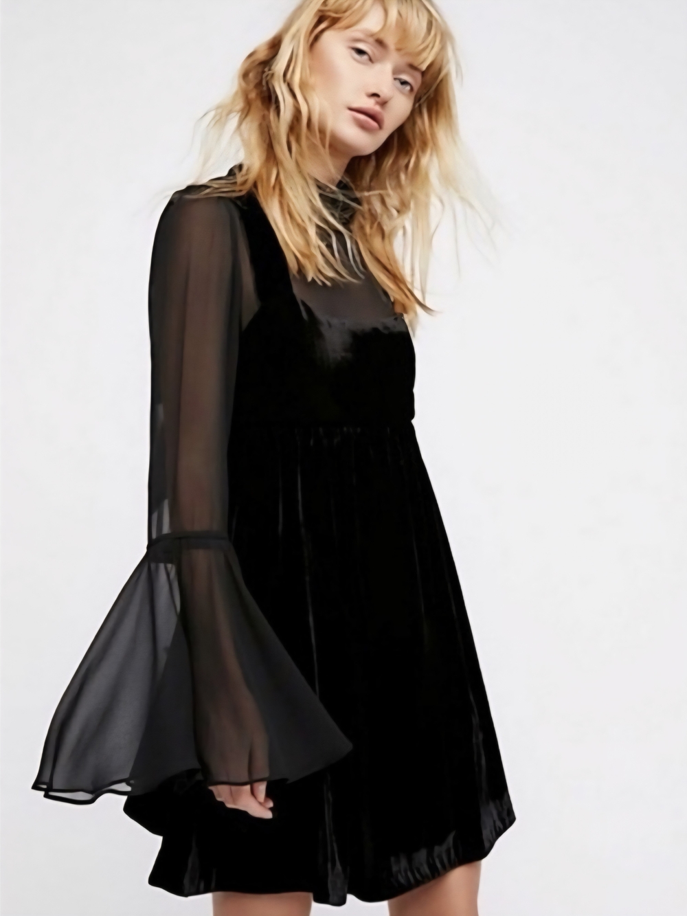 Counting Stars Black Velvet Long Sleeve Babydoll Dress